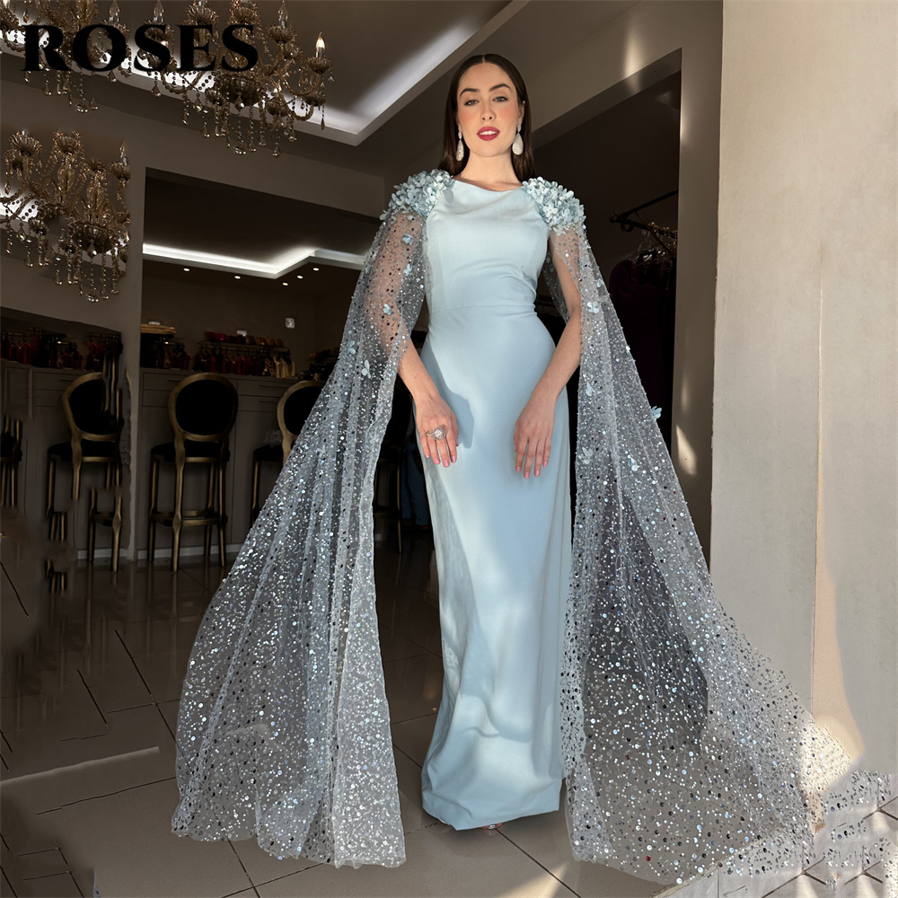 Custom Night Sky - ROSES Himmelblaues Meerjungfrau-Partykleid, florales Schulter-Nachtkleid mit