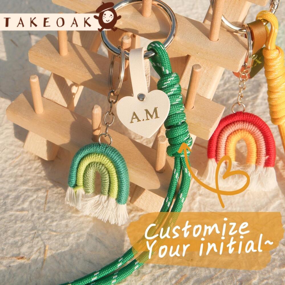 Monogram Keychain Leather - Personalisierter Initialen-Herz-Lederanhänger Makramee Regenbogen Schlüsselanhänger Handgewebtes