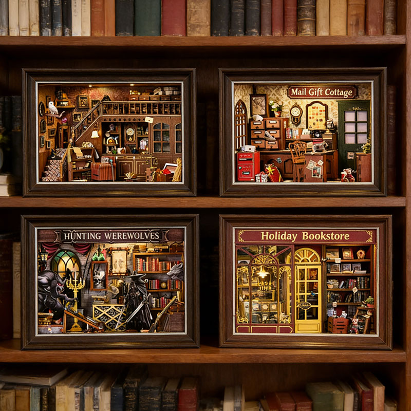 Engraved Wood Frame - DIY 3D Holz-Buchnischen-Set Miniatur-Puppenhaus mit LED-Beleuchtung