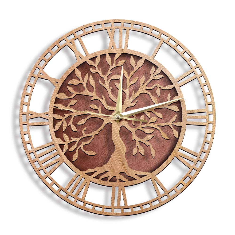 Family Tree Print - Baum des Lebens Holz-Wanduhr im Bauernhaus-Stil,