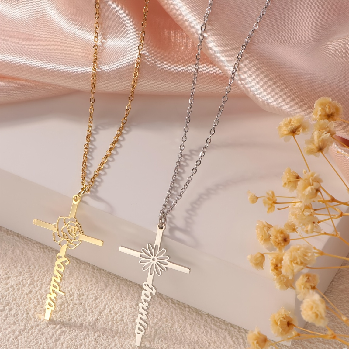 Birth Flower Necklace - Personalisierte Geburtsblumen-Kreuz-Namenskette Individueller Glaubensschmuck Geschenk für