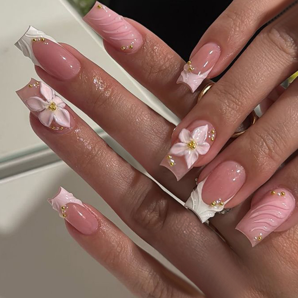 Pressed Flower Art - 24 Stück pro Schachtel. Rechteckige 3D-Gel-Blumen-Nägel