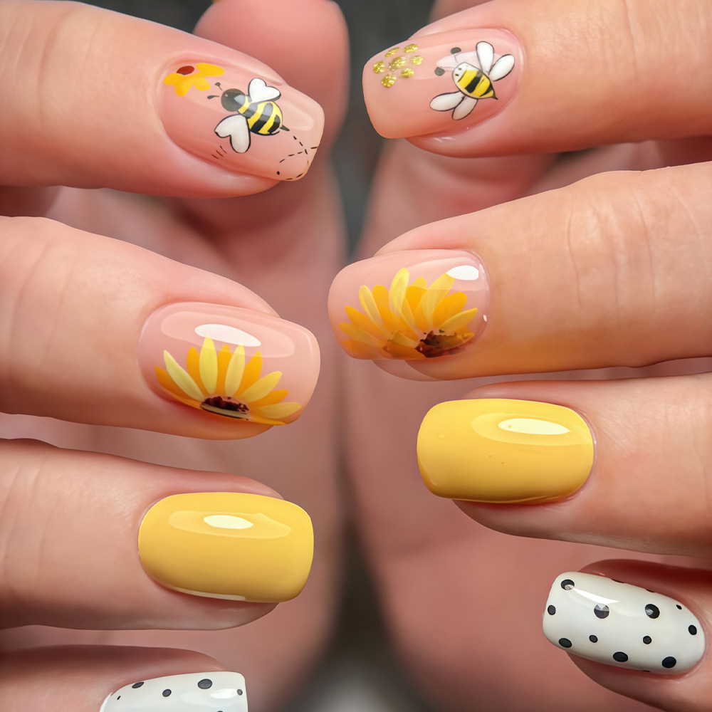 Pressed Flower Art - Kurze quadratische Kunstnägel für Frauen und