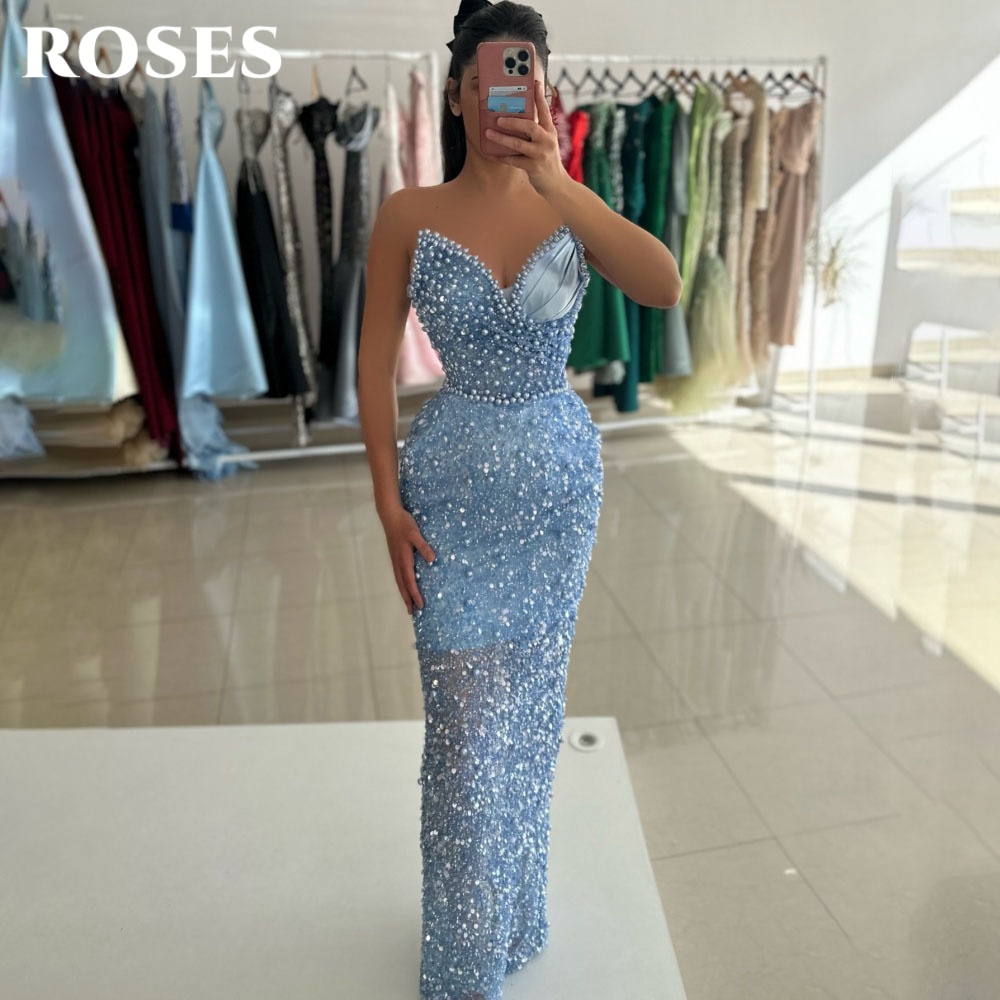 Custom Night Sky - ROSES Himmelblaues, glamouröses Partykleid, ärmelloses Trompeten-Abendkleid