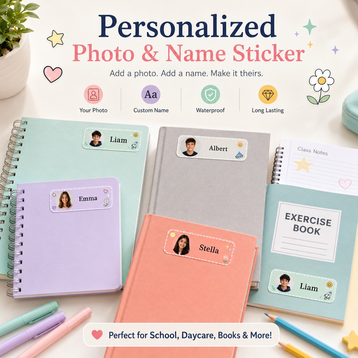 Custom Photo Book - Personalisierte Foto-Namensklasse-Aufkleber, Individuelle Schüleretiketten, Geeignet für