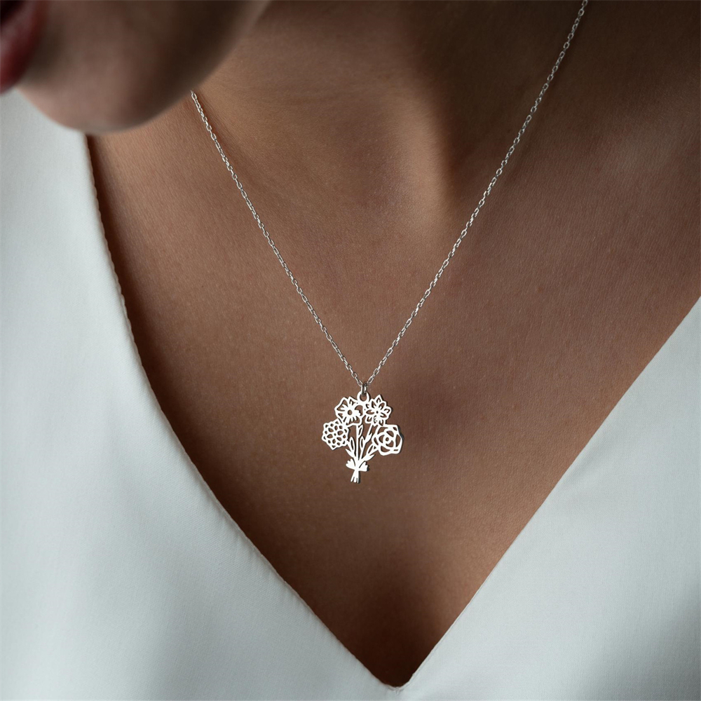 Birth Flower Necklace - Personalisierte Geburt-Blumenstrauß-Halskette, botanischer Anhänger, mehrere Geburts-Blumen-Halsketten,
