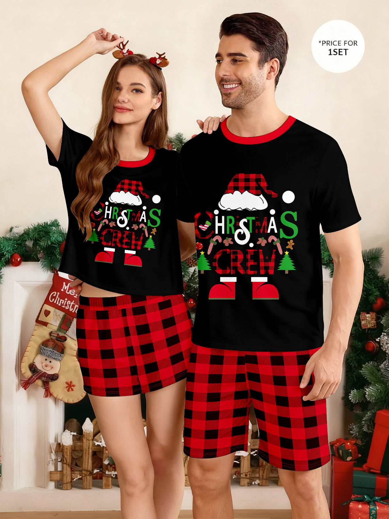 Family Tree Print - Weihnachtliches Familien-Pyjama-Set mit Weihnachtsbaum-Buchstaben-Print, Kurzarm-Oberteil und