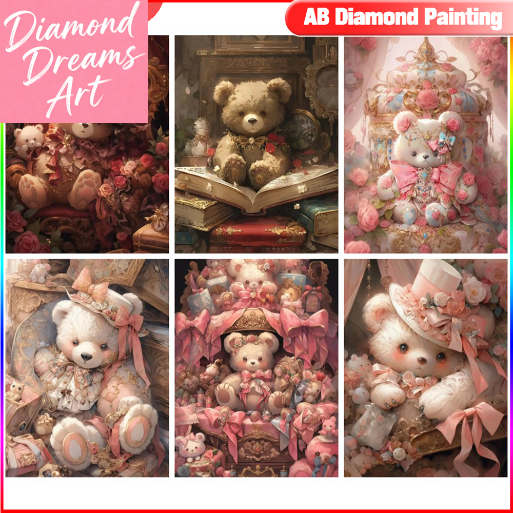 Photo Mosaic Print - Rahmenloses Cartoon-Diamantmalerei-Komplettset, Teddybär, quadratisches und rundes