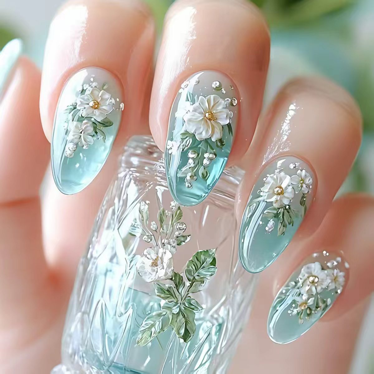 Pressed Flower Art - Mittellange künstliche Nägel für Frauen und
