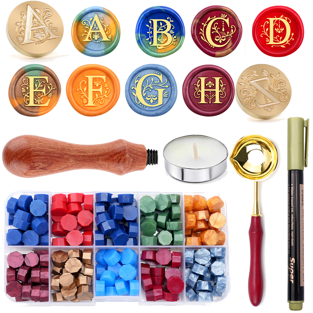 Wax Seal Letter Kit - Alphabet-Wachssiegel-Stempelset - Initialen-Buchstaben-Siegelwachs-Kit mit Holzgriff, Löffel,