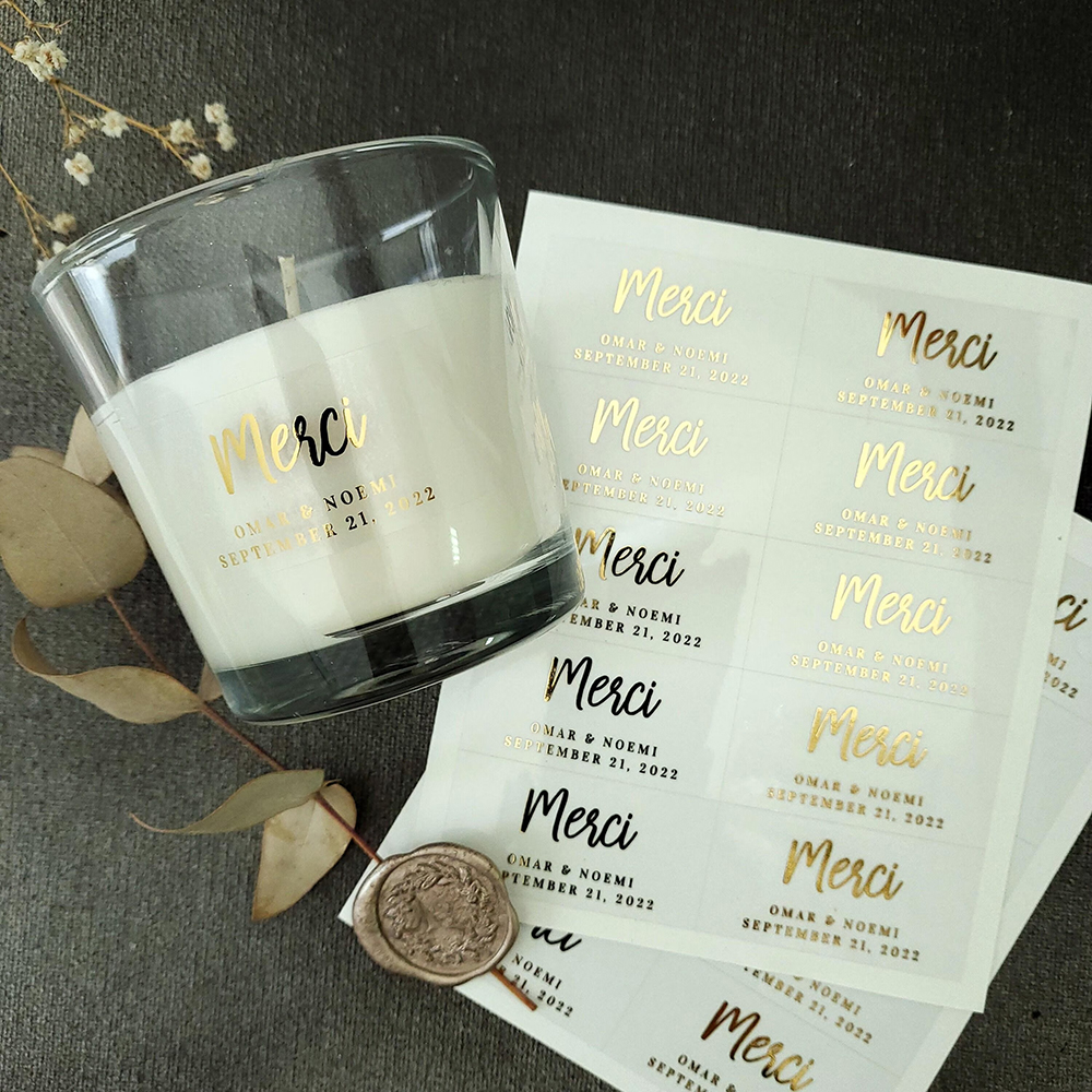 Personalised Candle Label - 100 Stück Individuelle Transparente Etikettenaufkleber Goldfolie