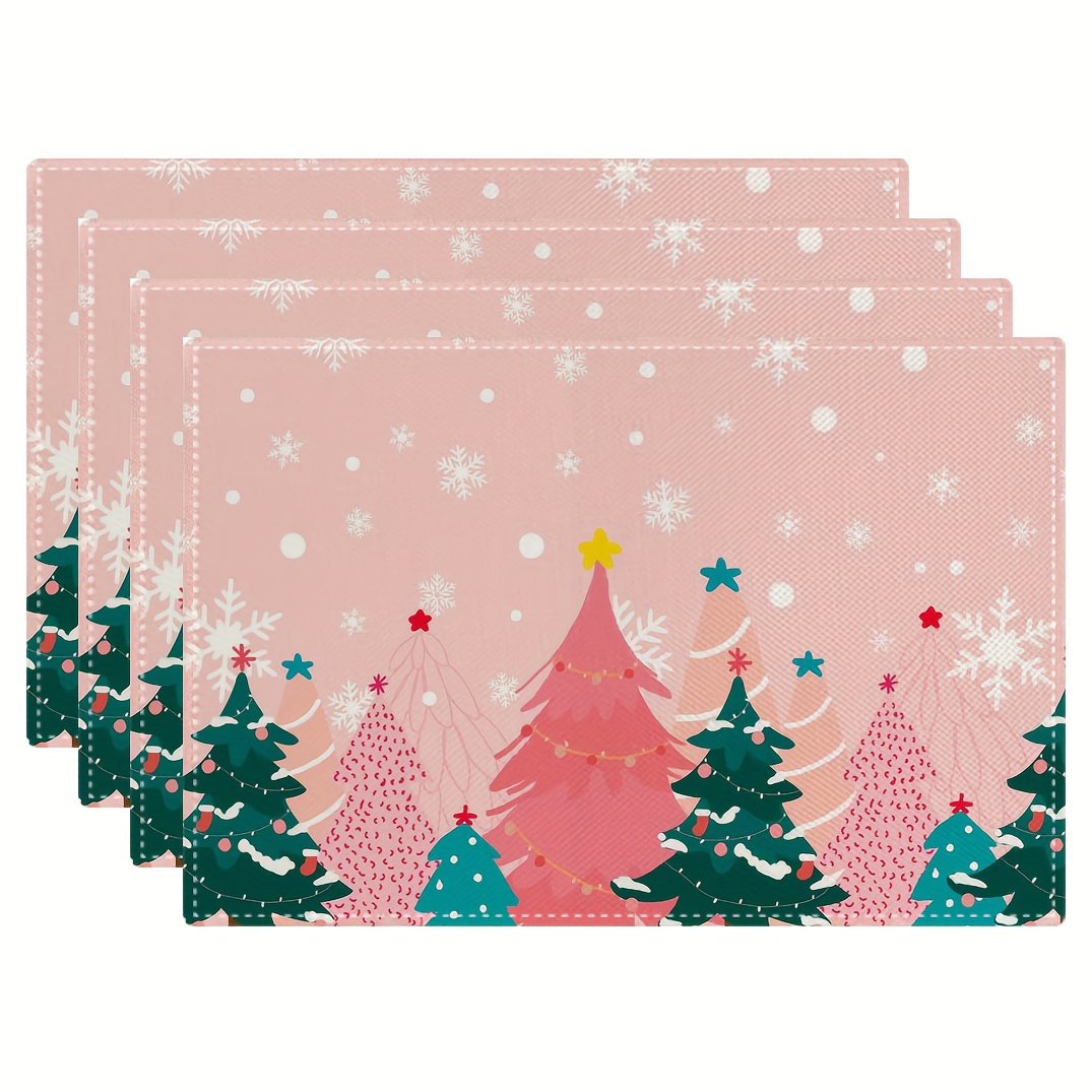 Family Tree Print - Rosa Weihnachtsbaum-Tischsets mit Schneeflockenmuster, hitzebeständig, Tischdekoration