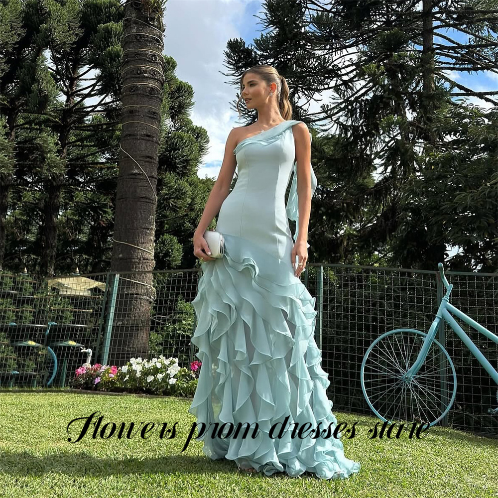 Custom Night Sky - Himmelblaues Partykleid mit Blumen, mehrlagig, gerüscht,