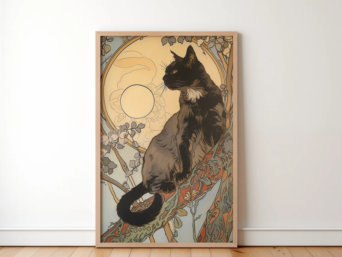 Schwarze Katze, die auf einem  – Family Tree Print Bewertung und Preis